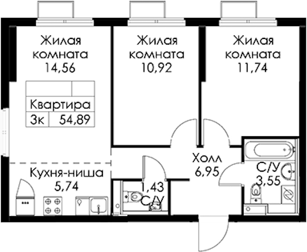 2-комнатная квартира 54.89 м², 2/15 эт., ЖК «Заречный парк»